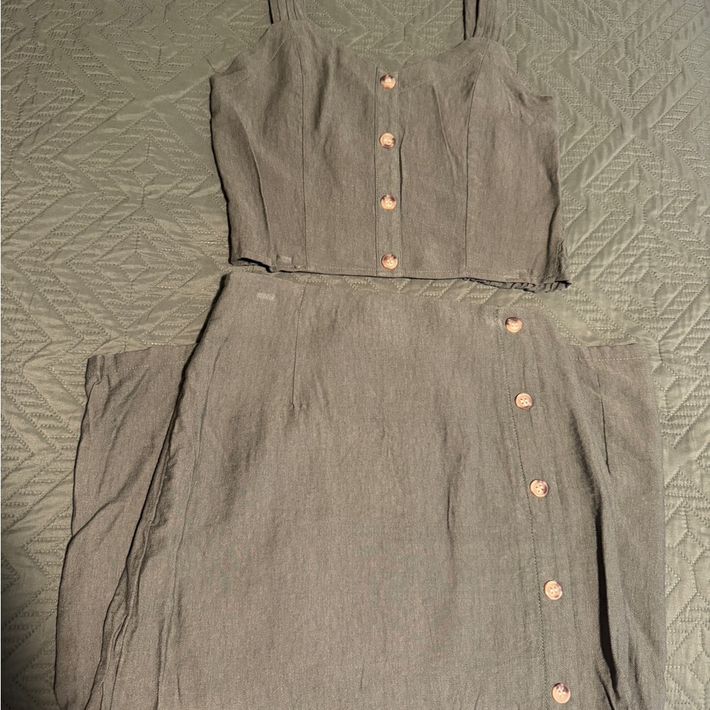Two-Piece Button Front Linen Set in Olive